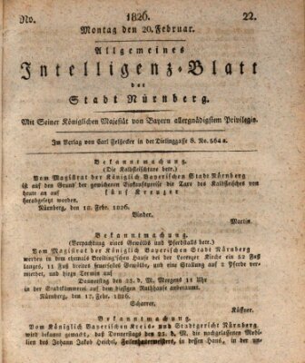 Allgemeines Intelligenz-Blatt der Stadt Nürnberg Montag 20. Februar 1826