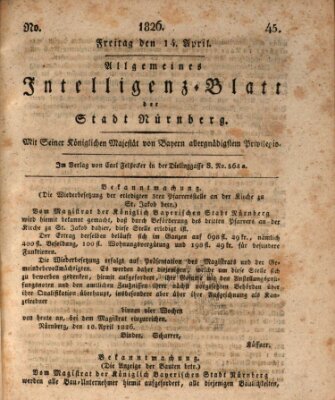 Allgemeines Intelligenz-Blatt der Stadt Nürnberg Freitag 14. April 1826