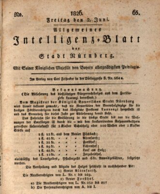 Allgemeines Intelligenz-Blatt der Stadt Nürnberg Freitag 2. Juni 1826