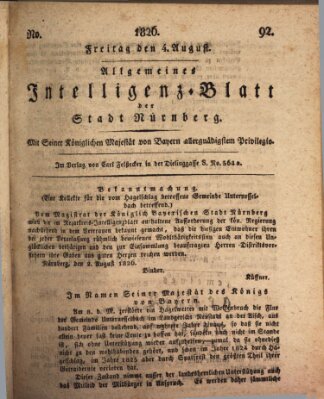 Allgemeines Intelligenz-Blatt der Stadt Nürnberg Freitag 4. August 1826