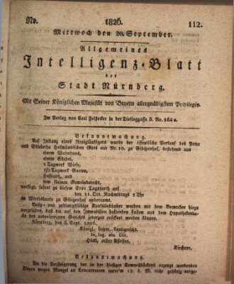 Allgemeines Intelligenz-Blatt der Stadt Nürnberg Mittwoch 20. September 1826