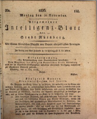 Allgemeines Intelligenz-Blatt der Stadt Nürnberg Montag 20. November 1826