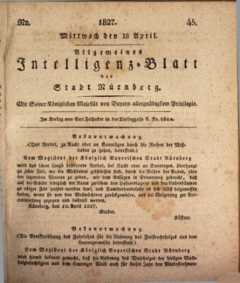 Allgemeines Intelligenz-Blatt der Stadt Nürnberg Mittwoch 18. April 1827