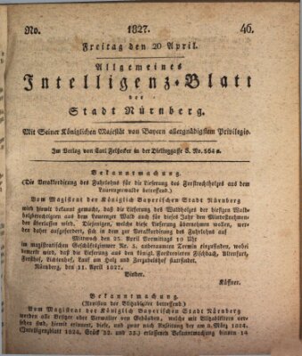 Allgemeines Intelligenz-Blatt der Stadt Nürnberg Freitag 20. April 1827