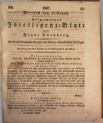 Allgemeines Intelligenz-Blatt der Stadt Nürnberg Mittwoch 22. August 1827