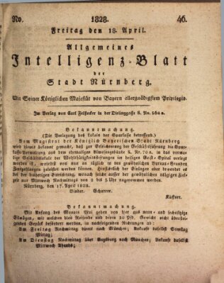 Allgemeines Intelligenz-Blatt der Stadt Nürnberg Freitag 18. April 1828