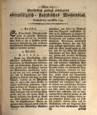 Churfürstlich gnädigst privilegirtes oberpfälzisch-staatistisches Wochenblat (Oberpfälzisches Wochenblat) Donnerstag 13. März 1794