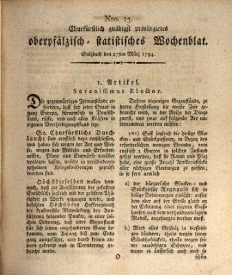 Churfürstlich gnädigst privilegirtes oberpfälzisch-staatistisches Wochenblat (Oberpfälzisches Wochenblat) Donnerstag 27. März 1794