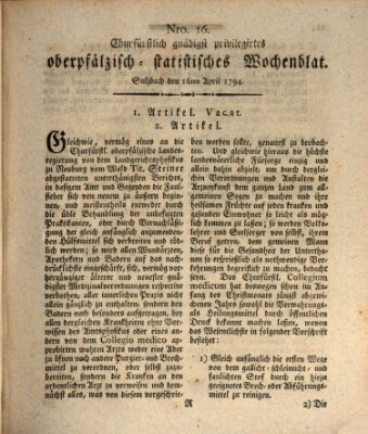 Churfürstlich gnädigst privilegirtes oberpfälzisch-staatistisches Wochenblat (Oberpfälzisches Wochenblat) Mittwoch 16. April 1794