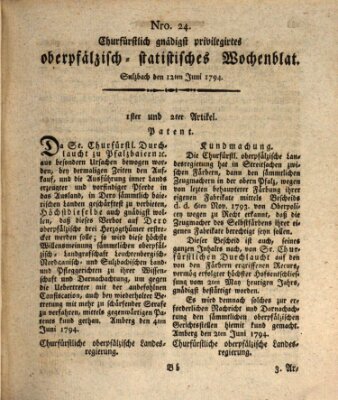 Churfürstlich gnädigst privilegirtes oberpfälzisch-staatistisches Wochenblat (Oberpfälzisches Wochenblat) Donnerstag 12. Juni 1794