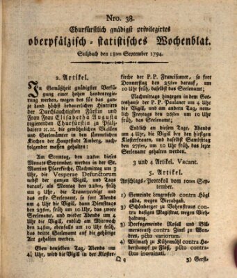 Churfürstlich gnädigst privilegirtes oberpfälzisch-staatistisches Wochenblat (Oberpfälzisches Wochenblat) Freitag 19. September 1794