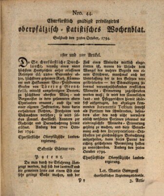 Churfürstlich gnädigst privilegirtes oberpfälzisch-staatistisches Wochenblat (Oberpfälzisches Wochenblat) Donnerstag 30. Oktober 1794