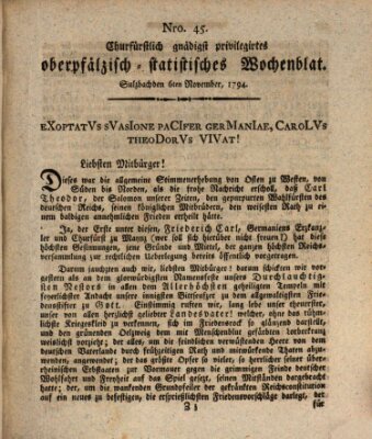 Churfürstlich gnädigst privilegirtes oberpfälzisch-staatistisches Wochenblat (Oberpfälzisches Wochenblat) Donnerstag 6. November 1794