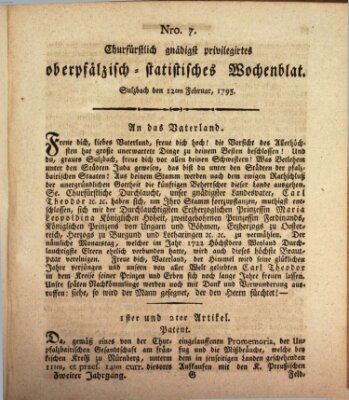 Churfürstlich gnädigst privilegirtes oberpfälzisch-staatistisches Wochenblat (Oberpfälzisches Wochenblat) Donnerstag 12. Februar 1795