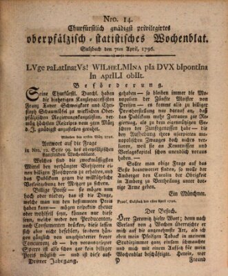 Churfürstlich gnädigst privilegirtes oberpfälzisch-staatistisches Wochenblat (Oberpfälzisches Wochenblat) Donnerstag 7. April 1796