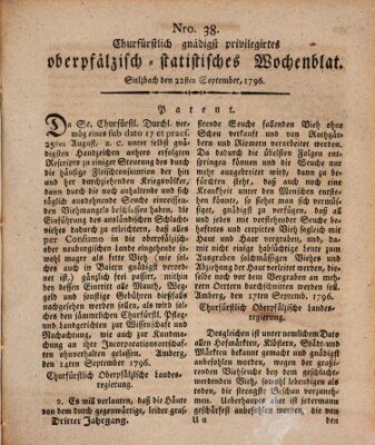 Churfürstlich gnädigst privilegirtes oberpfälzisch-staatistisches Wochenblat (Oberpfälzisches Wochenblat) Donnerstag 22. September 1796