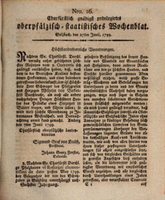 Churfürstlich gnädigst privilegirtes oberpfälzisch-staatistisches Wochenblat (Oberpfälzisches Wochenblat) Donnerstag 27. Juni 1799