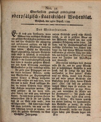 Churfürstlich gnädigst privilegirtes oberpfälzisch-staatistisches Wochenblat (Oberpfälzisches Wochenblat) Donnerstag 29. August 1799