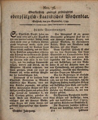 Churfürstlich gnädigst privilegirtes oberpfälzisch-staatistisches Wochenblat (Oberpfälzisches Wochenblat) Donnerstag 5. September 1799