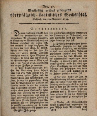 Churfürstlich gnädigst privilegirtes oberpfälzisch-staatistisches Wochenblat (Oberpfälzisches Wochenblat) Donnerstag 21. November 1799