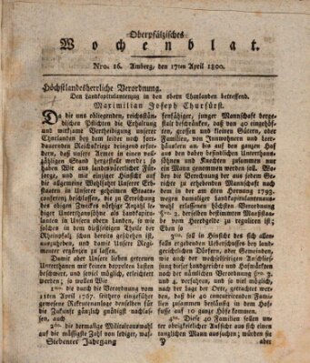 Oberpfälzisches Wochenblat Donnerstag 17. April 1800