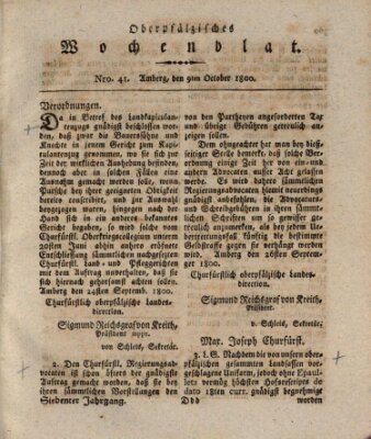 Oberpfälzisches Wochenblat Donnerstag 9. Oktober 1800