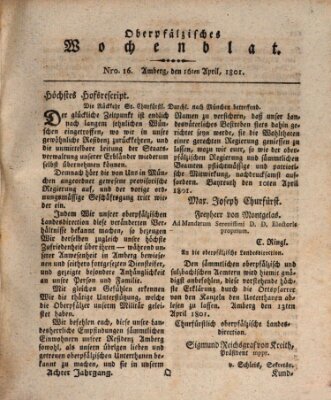 Oberpfälzisches Wochenblat Donnerstag 16. April 1801