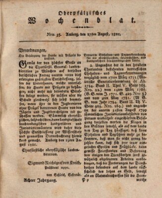 Oberpfälzisches Wochenblat Donnerstag 27. August 1801