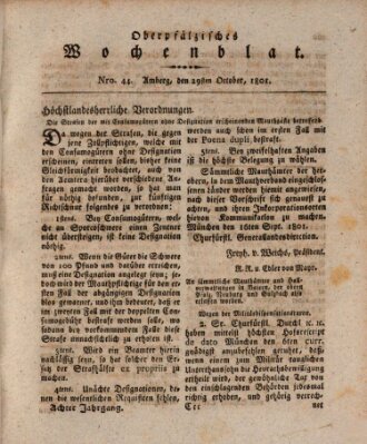 Oberpfälzisches Wochenblat Donnerstag 29. Oktober 1801