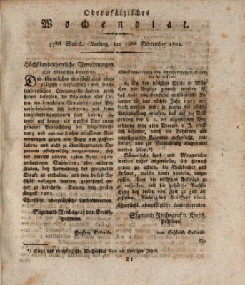 Oberpfälzisches Wochenblat Freitag 10. September 1802