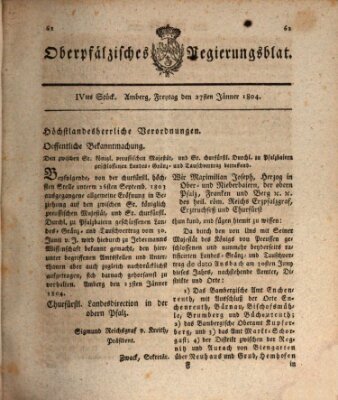 Oberpfälzisches Regierungsblat (Oberpfälzisches Wochenblat) Freitag 27. Januar 1804