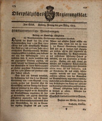 Oberpfälzisches Regierungsblat (Oberpfälzisches Wochenblat) Freitag 9. März 1804