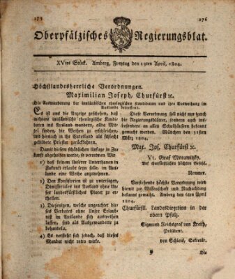 Oberpfälzisches Regierungsblat (Oberpfälzisches Wochenblat) Freitag 13. April 1804