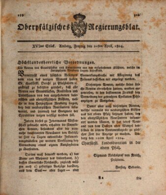 Oberpfälzisches Regierungsblat (Oberpfälzisches Wochenblat) Freitag 20. April 1804