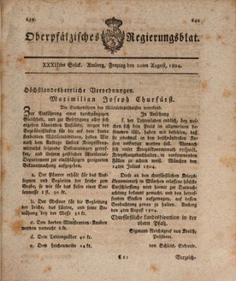 Oberpfälzisches Regierungsblat (Oberpfälzisches Wochenblat) Freitag 10. August 1804