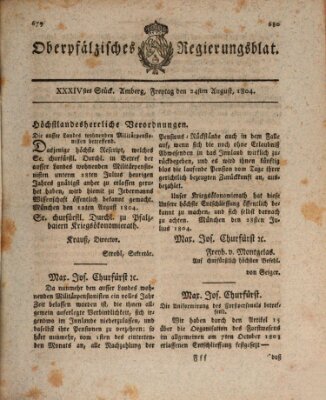 Oberpfälzisches Regierungsblat (Oberpfälzisches Wochenblat) Freitag 24. August 1804