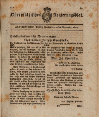 Oberpfälzisches Regierungsblat (Oberpfälzisches Wochenblat) Freitag 21. September 1804