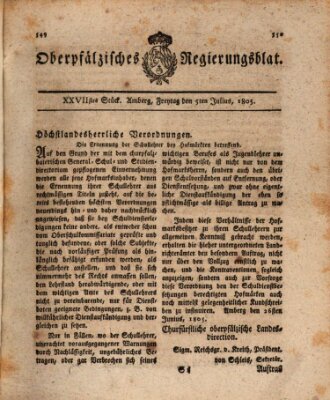 Oberpfälzisches Regierungsblat (Oberpfälzisches Wochenblat) Freitag 5. Juli 1805