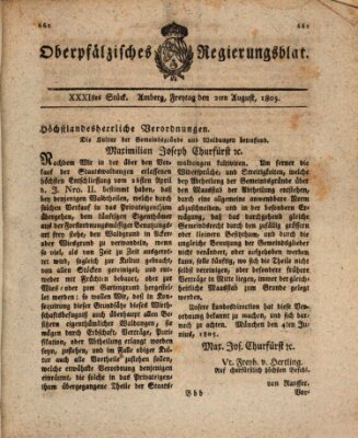 Oberpfälzisches Regierungsblat (Oberpfälzisches Wochenblat) Freitag 2. August 1805