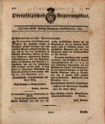 Oberpfälzisches Regierungsblat (Oberpfälzisches Wochenblat) Freitag 27. September 1805