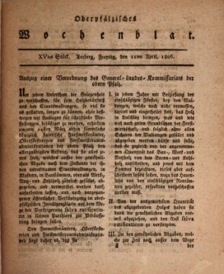 Oberpfälzisches Wochenblat Freitag 11. April 1806