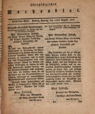 Oberpfälzisches Wochenblat Freitag 29. August 1806