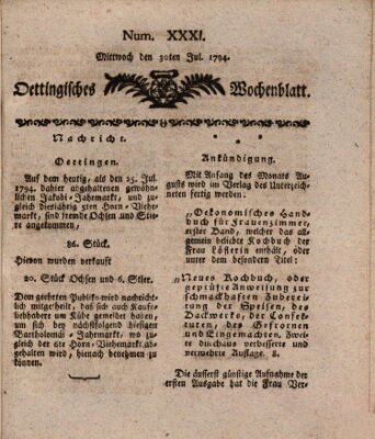 Oettingisches Wochenblatt Mittwoch 30. Juli 1794