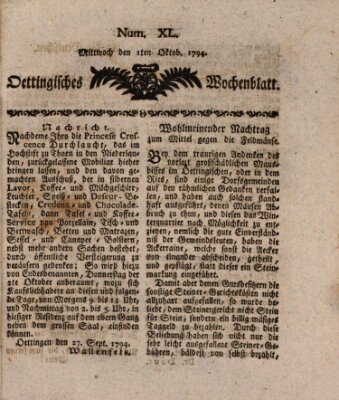 Oettingisches Wochenblatt Mittwoch 1. Oktober 1794