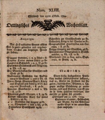 Oettingisches Wochenblatt Mittwoch 29. Oktober 1794