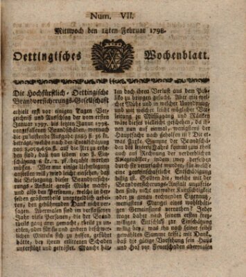 Oettingisches Wochenblatt Mittwoch 14. Februar 1798