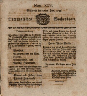 Oettingisches Wochenblatt Mittwoch 27. Juni 1798