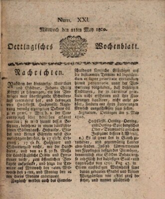 Oettingisches Wochenblatt Mittwoch 21. Mai 1800