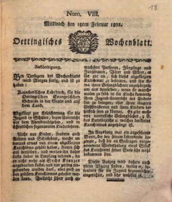 Oettingisches Wochenblatt Mittwoch 18. Februar 1801