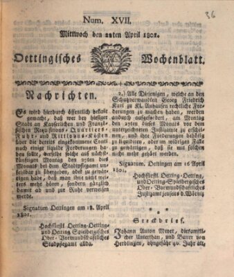 Oettingisches Wochenblatt Mittwoch 22. April 1801